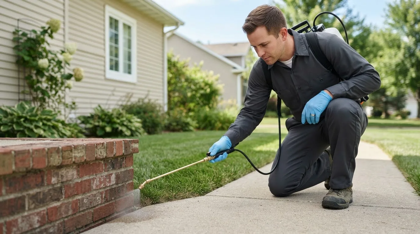 Pest control technician treating a home near Freeman, VA
